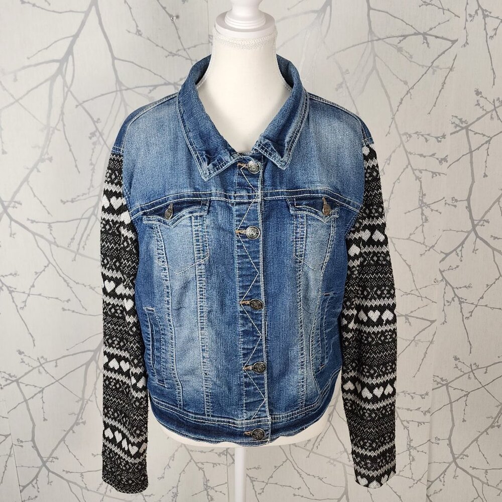 Wallflower Button Front Denim Jacket w/ Contrast Knit Sleeves